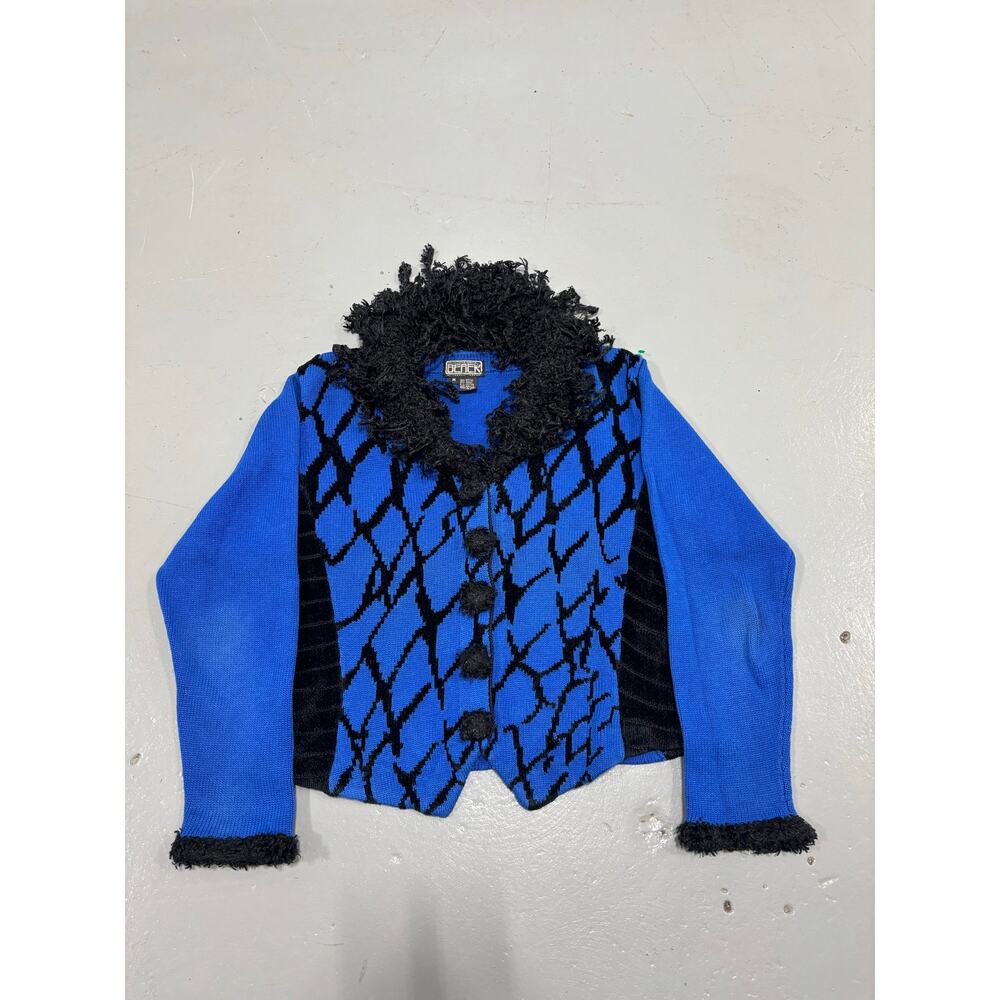 VTG Berek Blue Knit Cardigan Sweater Size M‎ Faux Fur Trim Shag Collar Diamond M